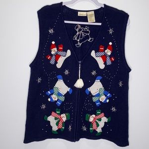 Bobbie Brooks Christmas Sweater Vest Snowman’s Snowflakes Beads Size XL